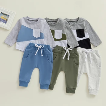 0-3Y תינוק בייבי בנים נופלים תלבושות ניגודיות צבע הצוות צוואר שרוול ארוך חולצות עם מכנסיים 2Pcs סתיו בגדים להגדיר