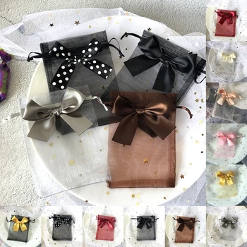 10Pcs רשת חוט תיק Bowknot החתונה ממתקים שקיות תכשיטים מתנה אריזות סבון פרחים מיובשים שרוך שקיות אחסון