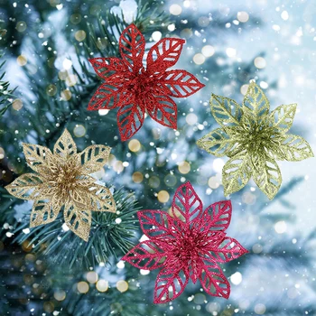 14cm 1 יח ' נצנצים, פרחים מלאכותיים ראשים עץ חג המולד פרחים קישוטי חג המולד קישוט תפאורה חג המולד מזויפים ברי פרח