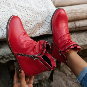 2023 באיכות גבוהה נעלי נשים בסיסי מגפי נשים לחורף יומי, מגפי נשים מוצק כיכר עקב נמוך Zip נעלי נשים ZapatosMujer