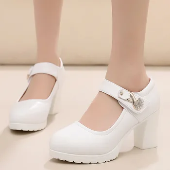 7 סנטימטר רדוד בלוק עקבים גבוהים משאבות חתונה לבנה נעליים 2023 נשים עור רך, נעלי פלטפורמה עבור Office אמא בתוספת גודל 34-43