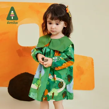 Amila בייבי בנות שמלת 2023 סתיו חדש מצוירים ביד דפוסי צבעים מנוגדים עיצוב צוואר מרובע חם בגדי ילדים