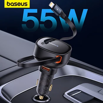 Baseus 55W מטען לרכב משטרת QC טעינה מהירה מובנה כבל לאייפון 12 13 Pro מקס 2 סוג-C USB C מהר לחייב עבור Xiaomi טילי קרקע-אוויר