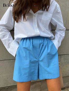 Bclout קיץ כחול פשתן נשים מכנסיים קצרים 2023 אופנה ליידי משרד רופף גבוהה המותניים רחב הרגל מכנסיים קצרים מזדמנים מסיבת כותנה מכנסיים קצרים מוצקים