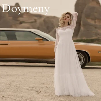 Doymeny בוהו טול ספגטי רצועות חתונה שמלה פשוטה אפליקציות שרוול ארוך מתוקה רוכסן החלוק דה Mariee