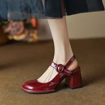 FHANCHU 2023 מעור מרי ג ' יין,נעלי נשים משאבות,עקבים גבוהים,סיבוב אצבע,קרסול אבזם רצועה,אדום,שחור,35-39,Dropship