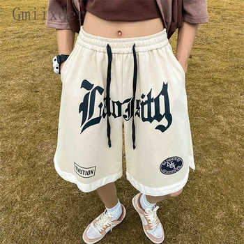 Hiphop מכתב מודפס מכנסיים קצרים של הגברים האמריקאי קיץ רחוב משוחרר תכליתי ספורט כדורסל מזדמן חצי מכנסיים.