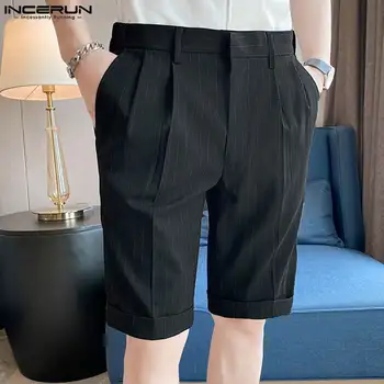 INCERUN 2023 סגנון קוריאני גברים פסים עסקים-התאמה מכנסיים קצרים מזדמנים אופנת רחוב זכר נוח ישר פיצול קצרים S-5XL