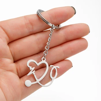 Jisensp ייחודי לב הסטטוסקופ מחזיק מפתחות לב תליון נירוסטה Keyring עבור אישה רופאה תודה לך מתנה