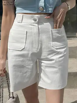 ZANZEA גבוהה המותניים תכליתי נשים מכנסיים קצרים אופנה אופנת רחוב מכנסיים קצרים בצבע אחיד בקיץ מכנסיים קצרים מזדמנים כיסי טלאי