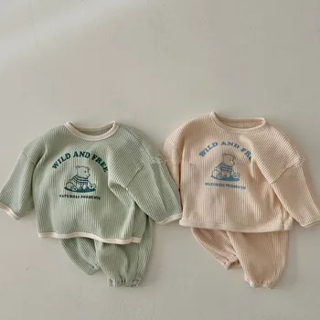 אביב סתיו מוצק צבע תינוקות קפוצ ' ונים לישון לבוש תלבושת ילדה אופנתי ארוך שרוולים צוואר עגול חולצות+מכנסיים מזדמנים 2pcs