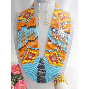 אופנה הניגרי חתונה אפריקאית סט תכשיטי חרוזים ססגוניות קריסטל שרשרת צמיד עגילי סט התכשיטים