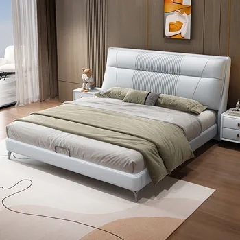 אור יוקרה מודרני מינימליסטי עור מיטה, חדר השינה מיטת קינג, 1.8 מ ' מיטה זוגית, high-end אטמוספרי אחסון עור המיטה