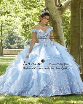 אור שמיים כחול הנסיכה הטקס השמלה כתף יום הולדת 16 המתוק אפליקציות שמלת פאייטים פרחים Vestidos דה-15 שנים