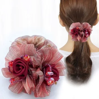 אלגנטית פרח Hairbands עבור אישה יפה אורגנזה פרח סרטים לשיער חזק, אלסטי שיער קשרים אביזרים לשיער
