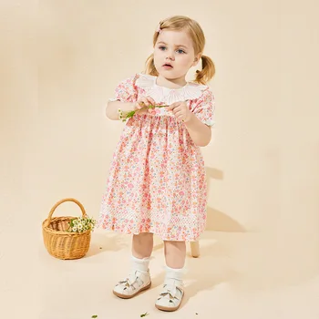 בנות שמלות קיץ ורוד מפוצלים פרח ילדים השמלה של תינוק תינוק מתוק וחמוד מעטפת תחרה צווארון בובה נסיכה, חצאית