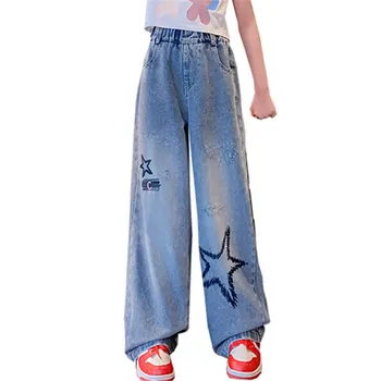 ג ' ינס לנערות בקיץ רקמה דפוס כוכב דק רחב הרגל המכנסיים ילדים סגנון מקרית ילדים בגדים רפויים 6 8 9 10 12 14 שנים