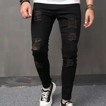 גברים מזדמנים סקיני ג 'ינס קרועים אופנה חור אלסטי שחור, מכנסי ג' ינס
