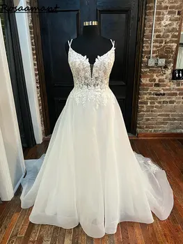 התמונה האמיתית אשליה רצועות ספגטי שמלות חתונה קו A-פתוח בגב שרוולים אפליקציות תחרה שמלות כלה
