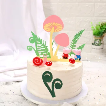 ורוד חילזון חיות היער מקלחת תינוק קישוט עוגת אביזרים פטריות דשא ירוק יום הולדת שמח עוגה טופר