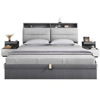 חדר שינה מודרני אחסון רהיטים מיטה זוגית עם ממשק USB ומגירות בד המיטה מיטות עץ