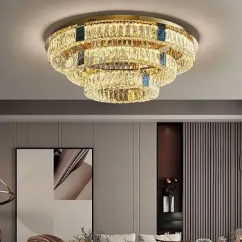חדר שינה מודרני קריסטל מעטפת התקרה הברק מנורות פלדה אור תקרת Led תפאורה נברשות זהב תאורה מרחוק עמעום