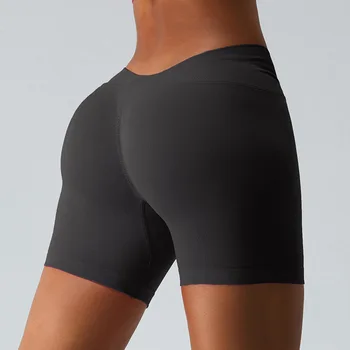 חדש לסרוג חלקה V חזרה יוגה נשים מכנסיים קצרים כושר אלסטי מועכת לדחוף את ספורט הריצה אימון גבוהה המותניים התחתונים