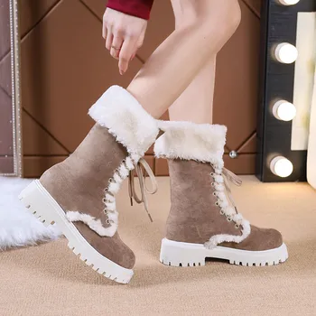 חורף נשים מגפי 2023 אופנה חדשה מגפי שלג שרוכים עגול הבוהן עבה עם סוליות נעלי נשי צמר חמה נוח. מגפיים Botas