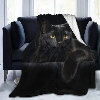חמוד חתול שחור עם עיניים צהובות רכות לזרוק שמיכה כל העונה שמיכות חמות משקל מטושטש פלנל לזרוק את השמיכה על המיטה, הספה