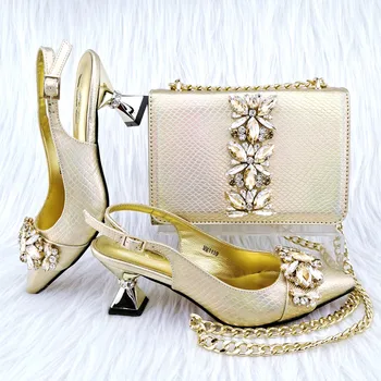 יוקרה זהב נשים הצביע נעלי אצבע התאמה תיק עם קריסטל קישוט אפריקה הלבשה משאבות להגדיר MM1139,עקב 6.8 ס 