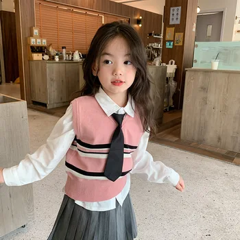 ילדים בגדים 2023 אופנתיים חדשים סרוג אפוד האביב הסתיו בייבי בנות קוריאני סגנון סוודר חולצה חצאית שלוש חתיכת קבוצה