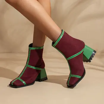 ירוק אדום ניגודיות צבע מלאכותי Nubuck עור Oversize 34-48 אישה נעלי החורף קרסול נעלי נמר עבים עם העקבים מגפי צ ' לסי