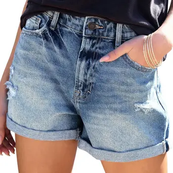 כחול גבוהה המותניים ישר מכנסי ג 'ינס נשים קיץ 2023 אופנה מזדמן אופנת רחוב כיס התגלגל שולי מכנסי ג' ינס קצרים קרועים חם המכנסיים