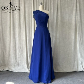 כתף אחת כחול מלכותי שמלות לנשף קו שיפון Ruched שמלת ערב ללא משענת במסיבת בנות שושבינה שמלה