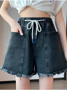 מ-6XL מכנסי ג 'ינס קצרים נשים 2023 קיץ אופנה קוריאנית שחור מזדמנים גבוה מותן כיס מוצק צבע מכנסיים קצרים רחב הרגל ג' ינס נשים