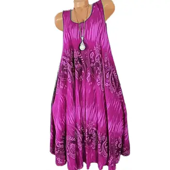 מכירות חמות!!! נשים קיץ פרחוני הדפסה צוואר עגול וחולצת חופשי קפלים בתוספת טנק השמלה