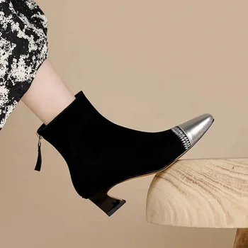 מעצב עור אמיתי נעלי נשים חורף אופנה נשים מגפיים קצרים בוהן מרובע צבעים מעורבים מודרני מגפיים במזג מגפיים