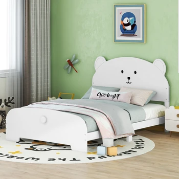 מקסים בגודל מלא, מיטה,עץ פלטפורמה לישון עם דוב בצורת ראש המיטה מדרך לכיוון,עמיד המיטה מתאים לילדים השינה,לבן