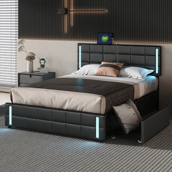מרופדים פלטפורמה מיטה עם נורות LED ו-USB טעינה, אחסון למיטה עם 4 מגירות, שחור