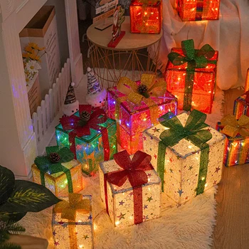 מתנת חג המולד קופסת קישוטים עם קשתות סט של 3 מואר קופסאות דקורטיביות על סוללות שלט רחוק מסיבת חג המולד טובות