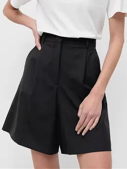 נשים מקרית של 100% צמר שחור מכנסיים קצרים בקיץ 2023 חדש גבירותיי גבוהה המותניים לטוס רוכסן מכנסיים עם כיסים