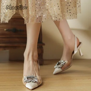 נשים סנדלי אופנה קריסטל אבזם הסנדל 2023 נשים נעליים עקב גבוהות הבוהן מחודד Slingback נעליים להחליק על פרדות נעלי שמלה