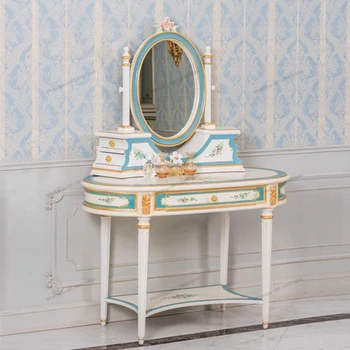 סגנון אירופאי ריהוט חדר שינה עץ מלא, שולחן הלבשה צרפתי רומנטי, יוקרתי בצבע ציור יד מוזהב מגולף כסף foi