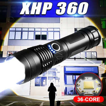 עוצמה 36-תא XHP360 פנס LED מתח גבוה נטענת USB לפיד סופר מבריק זום חיצוני עמיד למים טקטי יד המנורה