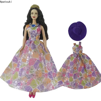צבעוני ללא שרוולים שמלת תלבושות בגדים עבור ברבי נסיכת אופנה שמלת מסיבת סגול כובע הבובות אביזרים