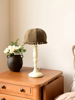 צרפתי כפרי רטרו וינטג ' עץ מלא, שולחן מנורה E27 LED Handwoven צמר אהיל עיצוב אמנות נסיכה/בנות חדר השינה ספה בר