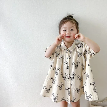 קוריאה הארנב הדפסה בנות שמלות קיץ חדש בנות דפוס קריקטורה הלבוש חמוד בנות קוריאני חיה מלבישים את הילדים בגדים