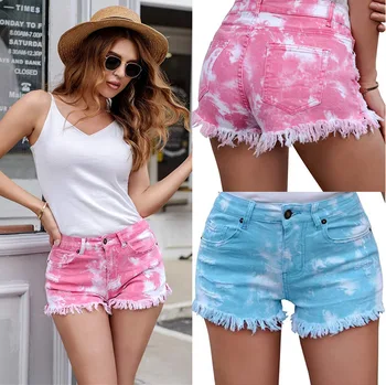 קיץ גבירותיי סקסי ג 'ינס מכנסיים קצרים לנשים בינוני המותניים אור שטף לקשור צבוע ציצית חור מכנסי ג' ינס קצרים הנשי בנוי קצרים.