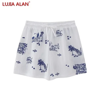 קיץ חדש לנשים אלגנטי רקום מזדמנים מכנסיים קצרים נקבה אלסטי המותניים חופשי ברחוב בגדים LUJIA אלן P5039