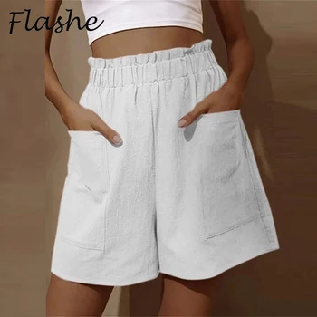 קיץ חם נשים מכנסיים קצרים גבוה מותן כיס מוצק מכנסיים קצרים לנשים מזדמנים אלסטי המותניים התחתונים לבנים.